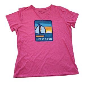 Life Is Good T-Shirt‎ Cool Tee Sailboat Sunrise Sunset Pink V-Neck Womens Large